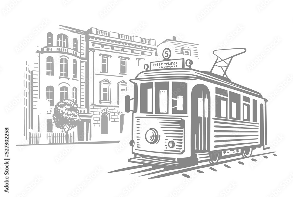 Vintage tram in city sketch vector.