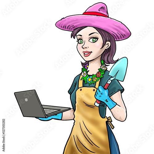 Gardener woman, cartoon character in uniform on white background.	

