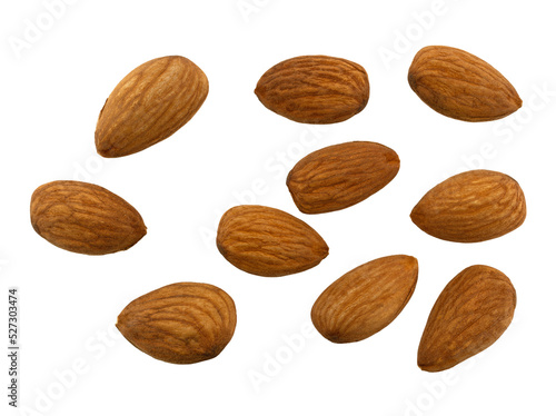 Overhead view of a medium group of almond nuts on a white background.