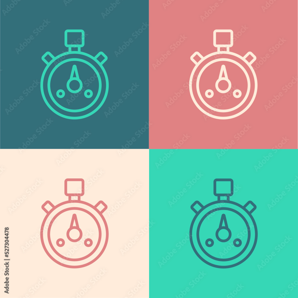 Pop art line Stopwatch icon isolated on color background. Time timer sign. Chronometer sign. Vector Pop art line Stopwatch icon isolated on color background. Time timer sign. Chronometer sign. Vector