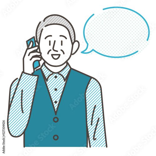 Vector illustration of a senior man making a phone call on his smartphone. A speech balloon is floating next to him.