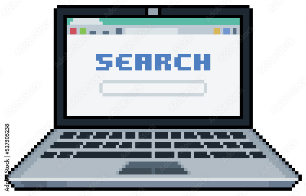 Pixel art laptop with browser open on search page vector icon for 8bit game on white background Pixel art laptop with browser open on search page vector icon for 8bit game on white background