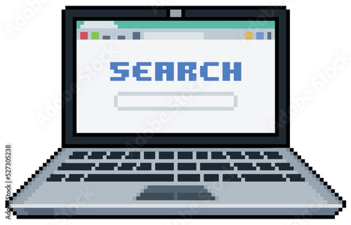 Pixel art laptop with browser open on search page vector icon for 8bit game on white background