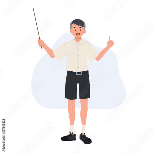 Asian student in school uniform. Thai student boy is holding a pointer and start explaining. education presentation concept. vector illustration