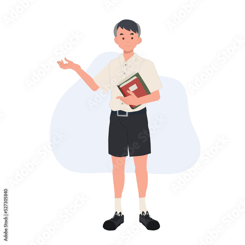 Asian student in school uniform. Thai student boy with books is introduce something. vector illlustration