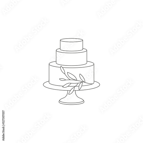 Vector line illustration silhouettes of wedding cake with floral decoration isolated on white background.