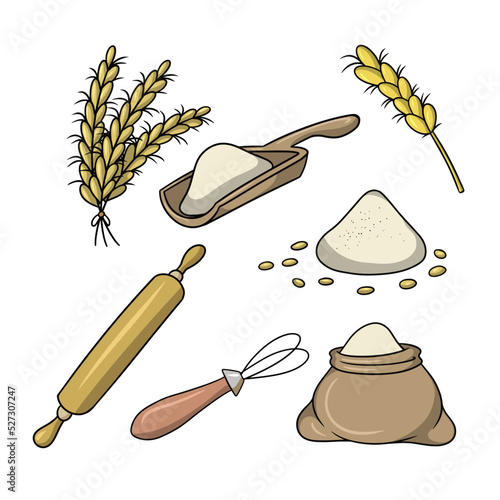 A set of colored icons, grain and its use in cooking, vector cartoon