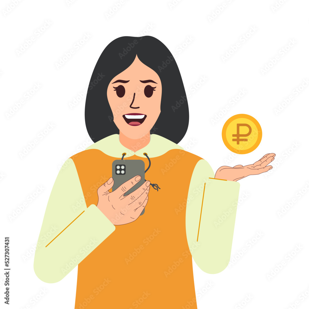 Joyful woman smiles and holds a mobile phone in her hand and a Russian ruble coin. Girl in a hoodie, long sleeve, sweatshirt, sweater with a hood, front view. Smartphone wallet cryptocurrency token Joyful woman smiles and holds a mobile phone in her hand and a Russian ruble coin. Girl in a hoodie, long sleeve, sweatshirt, sweater with a hood, front view. Smartphone wallet cryptocurrency token