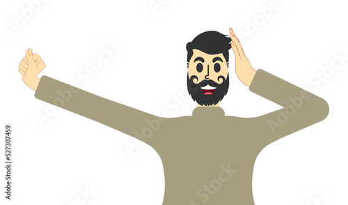 Joyful man in a turtleneck leaned one hand to his head with other hand stretches. Stretching arm, warm up before exercise concept. Businessman freelancer doing stretching at workplace after hard day