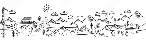 Valokuva Road trip seamless pattern, doodle camper vans, vanlife, adventure - great for t