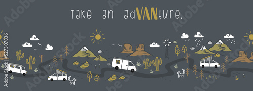 Slika na platnu Road trip seamless pattern, doodle camper vans, vanlife, adventure - great for t