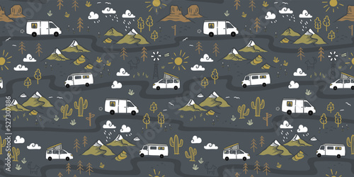 Road trip seamless pattern, doodle camper vans, vanlife, adventure - great for textiles, banners, wallpapers - vector design