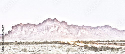 A purple and yellow digital sketch of the Superstition Mountains at dusk with light trails from traffic near Apache Junction, Arizona, USA photo