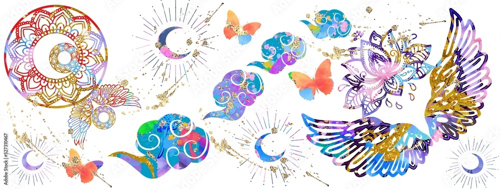 Obraz premium abstract floral background with clouds, moon, butterflies, golden splashes. Holiday, Ramadan, yoga, Asian style horizontally pattern.
