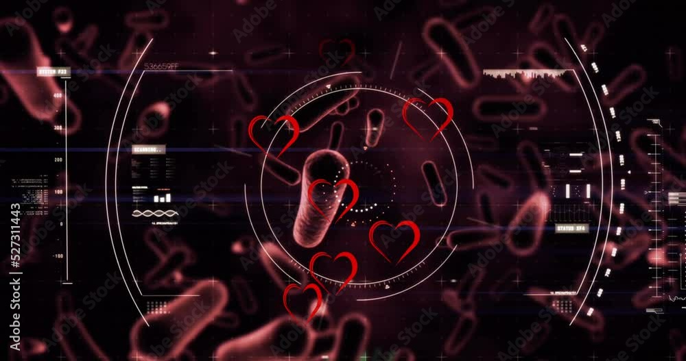 Animation of heart icons and scope scanning over virus cells on black background Animation of heart icons and scope scanning over virus cells on black background