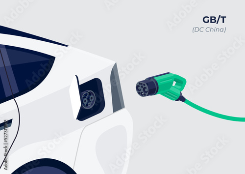 GB/T China standard charging connector plug and socket. Opened electric battery vehicle inlet charger detail. EV getting plugged with charge DC power electricity supply cable. Vector illustration.