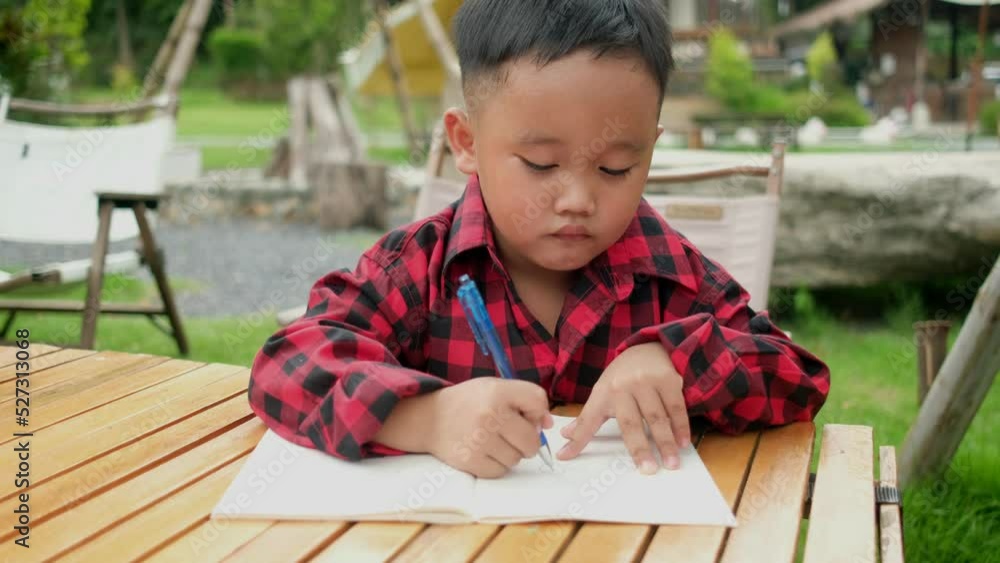 Asian boy writing a book. online learning. homework children. Asian boy writing a book. online learning. homework children.