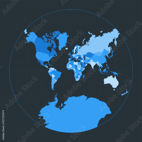 World map. Lagrange conformal projection. Futuristic world illustration for your infographic. Nice blue colors palette. Radiant vector illustration.