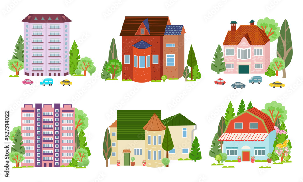 collection of colorful cute houses surrounded trees. tower, skys