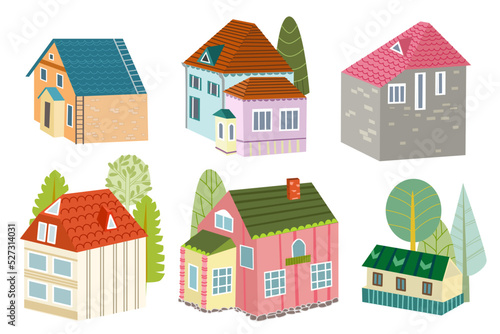 collection of colorful cute houses. village brick cottage with t