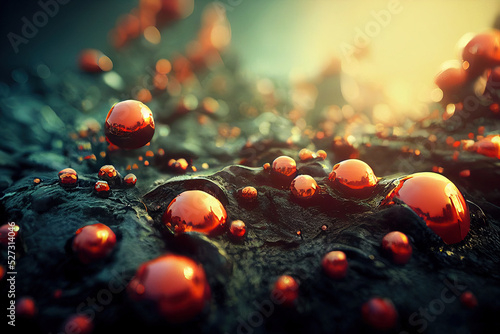Shiny red balls fall into a viscous black liquid. Abstract pattern. Digital illustration. 3d render
