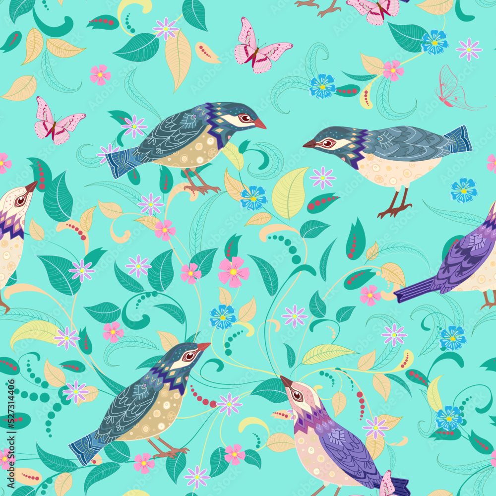 Fototapeta premium fashion seamless texture with birds and floral pattern