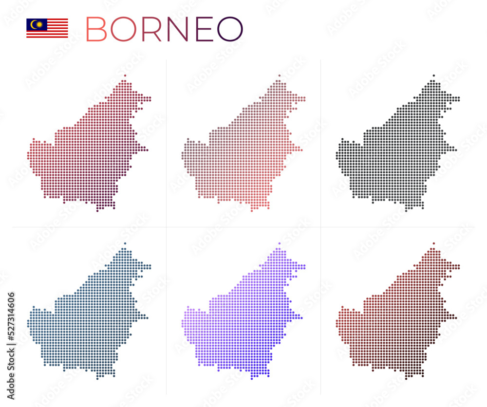 Borneo dotted map set. Map of Borneo in dotted style. Borders of the island filled with beautiful smooth gradient circles. Amazing vector illustration.