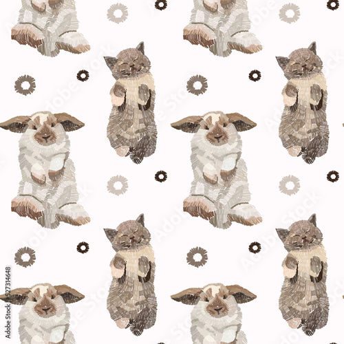 Seamless pattern with rabbit and cat. Cute background.