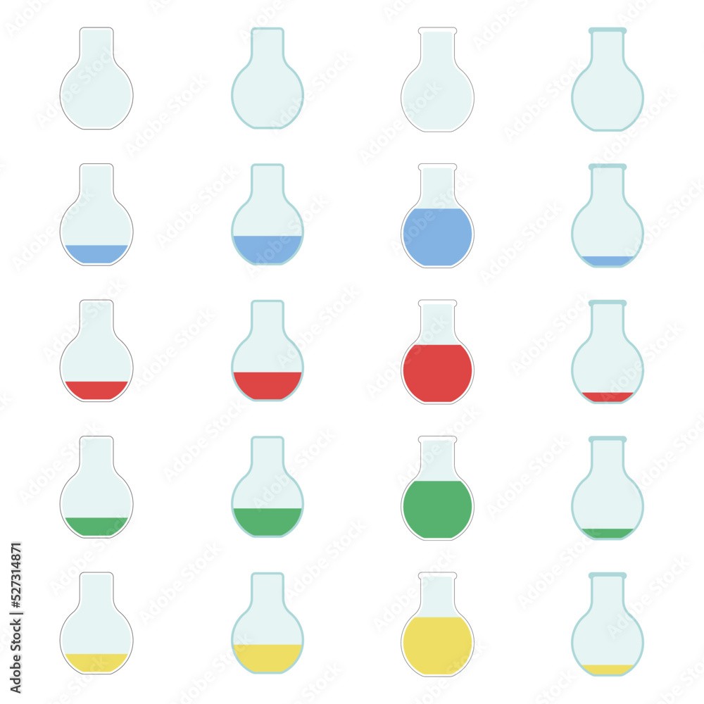 A set of round bottom flask icons with multicoloured contents in vector A set of round bottom flask icons with multicoloured contents in vector
