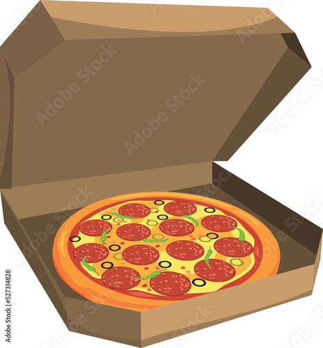 Open pizza box cartoon icon. Tasty food photo
