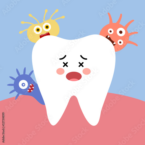 Caries tooth with bacteria cartoon in flat design. Dental cavity problem.