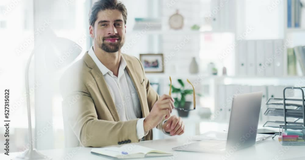 Portrait of happy businessman smile while working on a laptop in an office. Entrepreneur, manager or CEO typing an email and cheerful about the success and motivation of a corporate startup company Portrait of happy businessman smile while working on a laptop in an office. Entrepreneur, manager or CEO typing an email and cheerful about the success and motivation of a corporate startup company