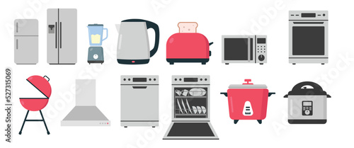 Set of kitchen appliances flat icon for web. Refrigerator, microwave, dishwasher, toaster, range hood, blender, kettle, oven, rice cooker sign flat vector design. Kitchen appliances cartoon clipart photo