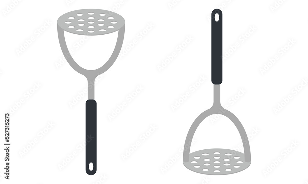 Metal potato masher clipart vector illustration. Potato masher with plastic handle flat vector design. Potato masher icon isolated on white. Potato masher cartoon clipart. Kitchen concept symbol Metal potato masher clipart vector illustration. Potato masher with plastic handle flat vector design. Potato masher icon isolated on white. Potato masher cartoon clipart. Kitchen concept symbol