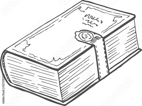 Ancient book sketch. Leather cover grimoire with clasp