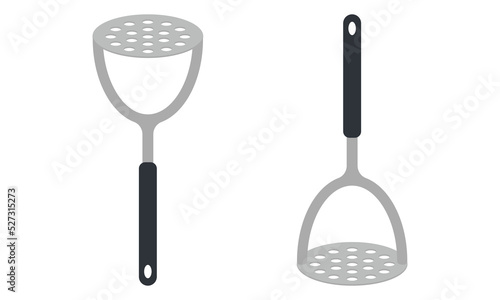 Metal potato masher clipart vector illustration. Potato masher with plastic handle flat vector design. Potato masher icon isolated on white. Potato masher cartoon clipart. Kitchen concept symbol