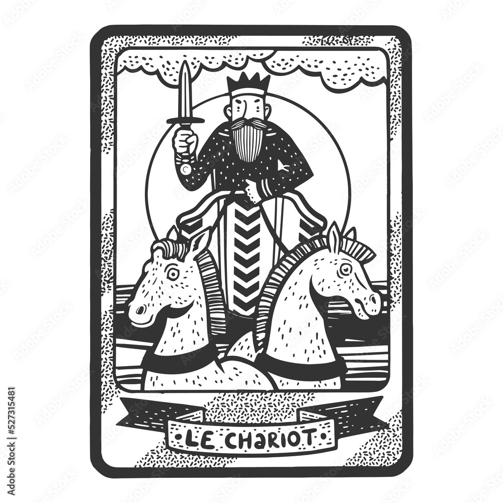 Tarot playing card chariot sketch engraving vector illustration. T-shirt apparel print design. Scratch board imitation. Black and white hand drawn image.