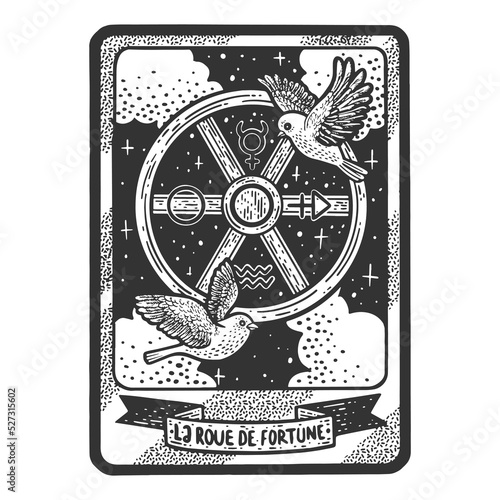 Tarot playing card wheel of fortune sketch engraving vector illustration. T-shirt apparel print design. Scratch board imitation. Black and white hand drawn image.