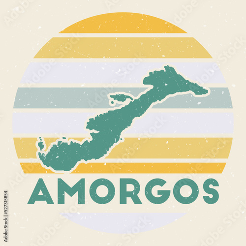 Amorgos logo. Sign with the map of island and colored stripes, vector illustration. Can be used as insignia, logotype, label, sticker or badge of the Amorgos.