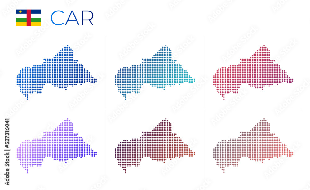 CAR dotted map set. Map of CAR in dotted style. Borders of the country filled with beautiful smooth gradient circles. Captivating vector illustration.