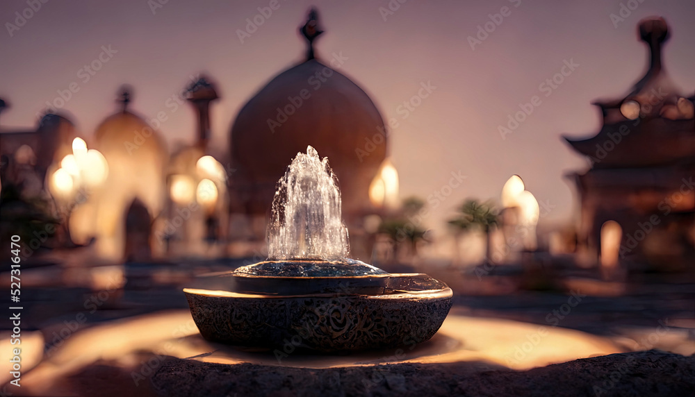 Obraz premium Eastern landscape of the palace complex with a fountain at sunset. Oriental, Arabic arches and architecture, Arabic patio. 3D illustration.