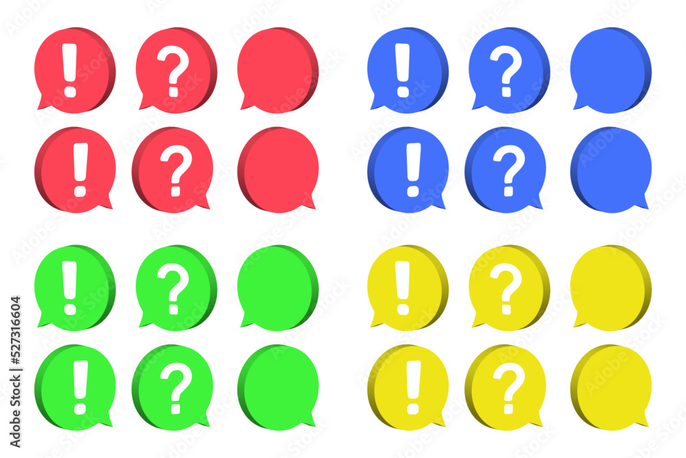 Fototapeta premium 3d style of exclamation question mark and empty inside the different colors chat bubble