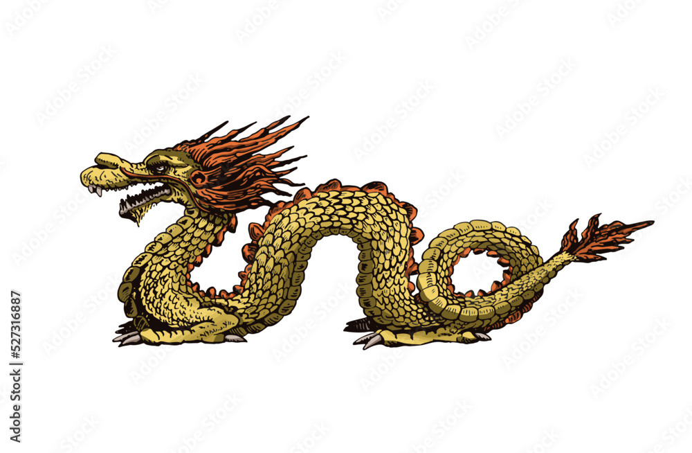 Naklejka premium Graphical golden Chinese dragon isolated on white background,vector color illustration