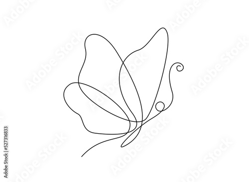 Butterfly in One continuous line drawing. Beautiful flying moth for wellbeing beauty or spa salon logo concept in simple linear style. Editable stroke. Doodle vector illustration.