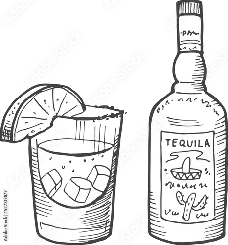 Tequila icon. Engraved bottle and drink glass. Mexican alcohol