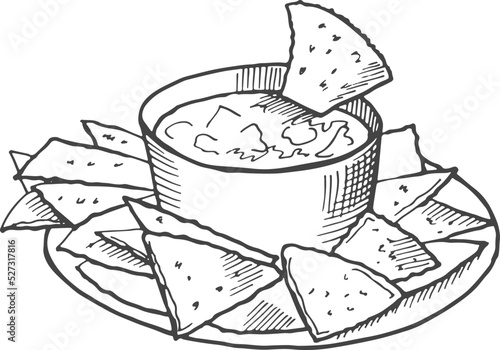 Nachos dish with dipping sauce. Mexican snack sketch
