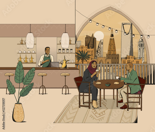 Illustrated etching style Indoor Coffee Shop scene Saudi Arabia photo