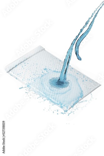 Close-up shot of water pouring down on white bubble envelope for mailing cosmetics and beauty products. The bubble-lined envelope is isolated on a white background. Top view.