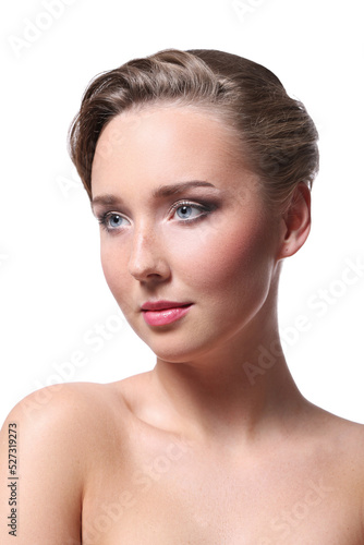 Portrait of young slim beautiful girl posing in underwear over white studio background. Banner, flyer. Concept of body and skin care, fitness, natural beauty, wellness.