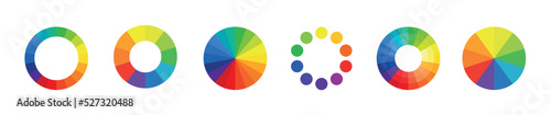 Color wheel guide. Vector isolated elements.Wheel colour spectrum. RGB and CMYK colors. Circle palette. Multicolored circle flat template. Set of different color circles isolated.